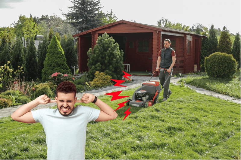 Man lawn mowing, the loud noise hurting another man's ears