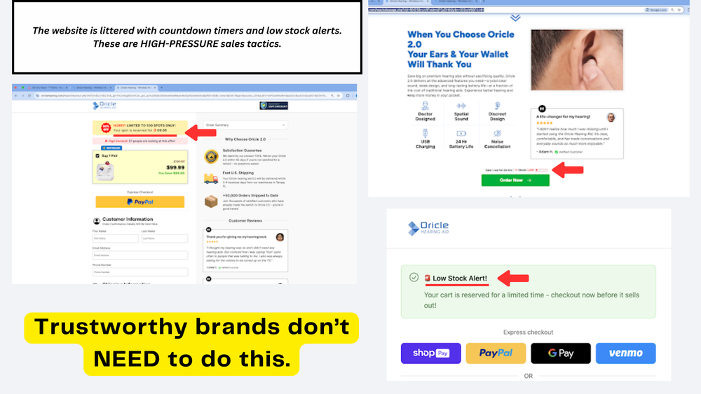 Multiple web pages with Oracle branding using countdown timers and low stock alerts as high-pressure sales tactics, with a warning text stating 'Trustworthy brands don’t NEED to do this'