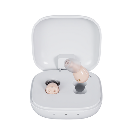 Audien Hearing Atom One hearing aids in open square charging case with one device elevated

