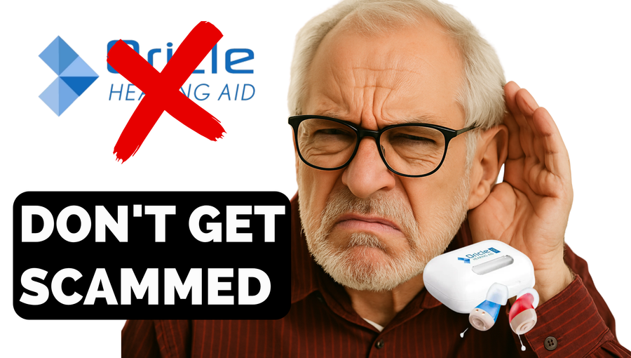 Man holding a hearing aid with Oracle logo and 'Don't Get Scammed' text overlay