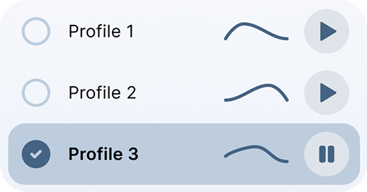 Audio profile selection interface with three options. “Profile 3” is selected and active, highlighted in blue with a checkmark and pause button. “Profile 1” and “Profile 2” are unselected and each has a play button next to a waveform icon.
