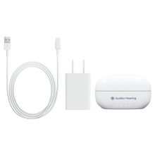 Load image into Gallery viewer, Audien Ion Pro hearing aid accessories including USB cable, charging adapter, and closed case